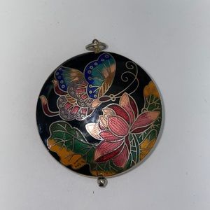 Enamel Painted Brass Butterfly and Flower Cloisonne Medallion Pendant Round